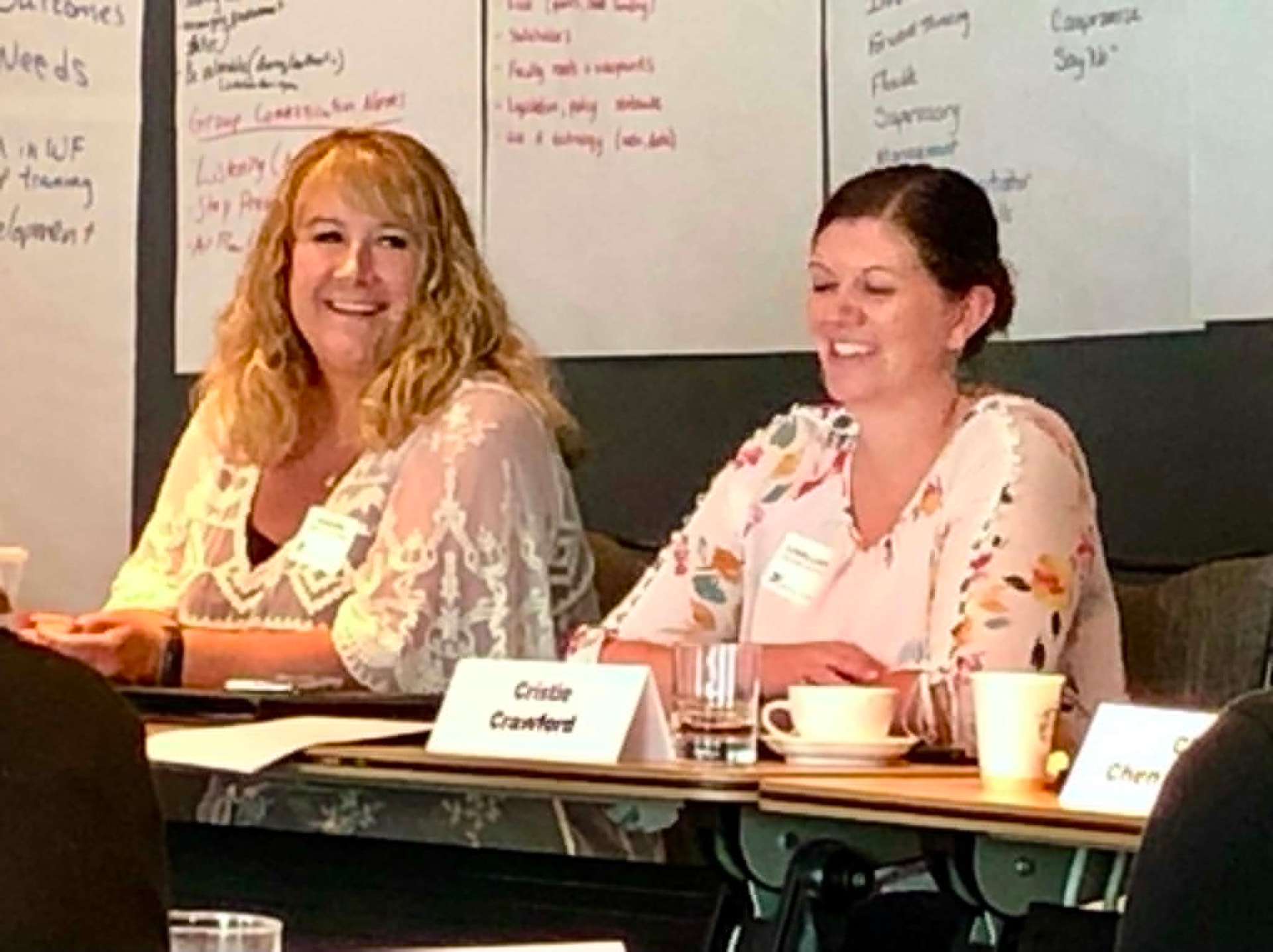 Two Academy participants speaking on a panel in front of session notes