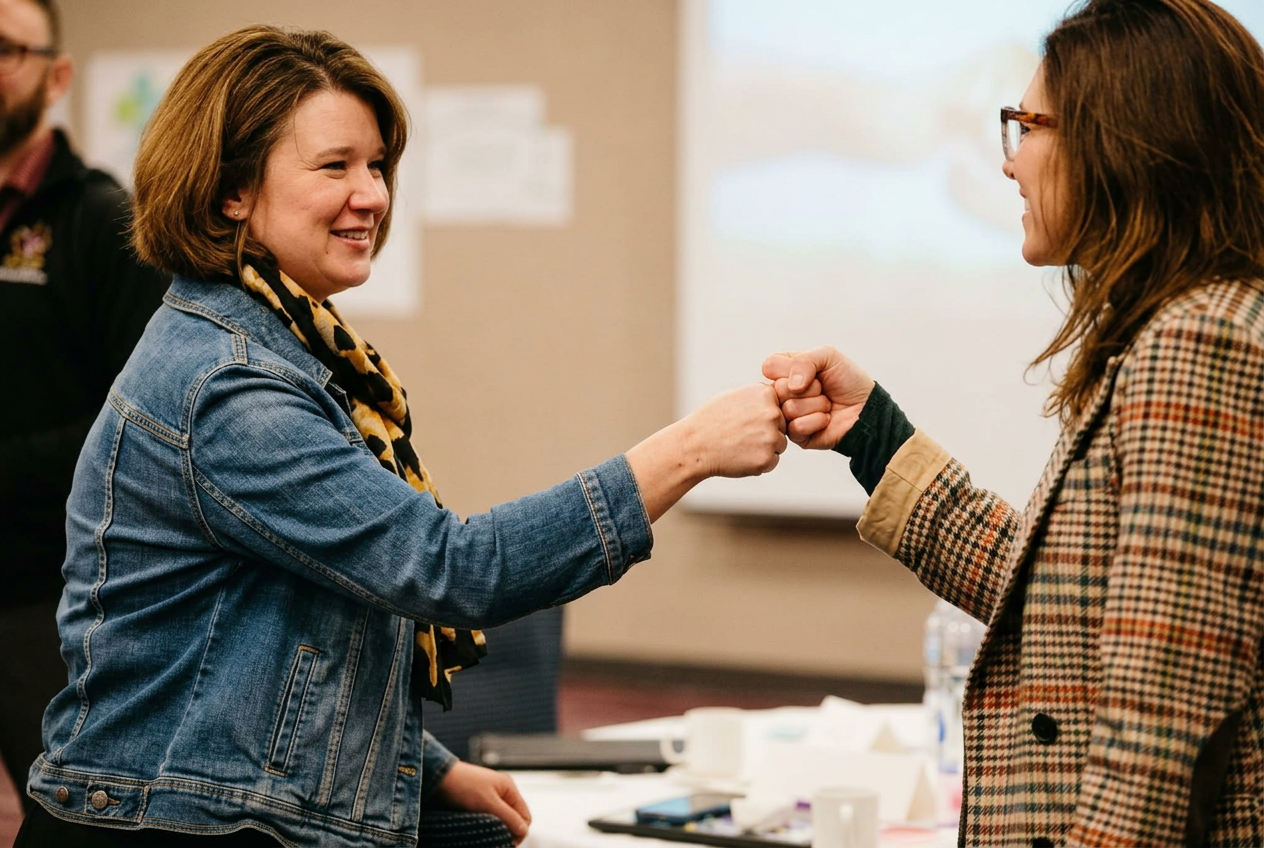 Two Academy participants greeting each other with a fist bump during a session
